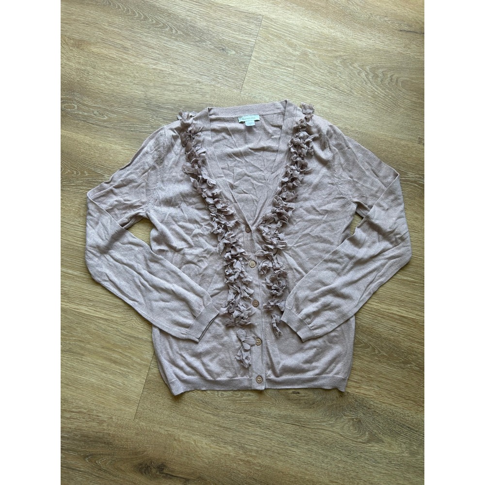 Garnet Hill Silk Merino Wool Cashmere Ruffle Cardigan Sweater Mauve Pink S